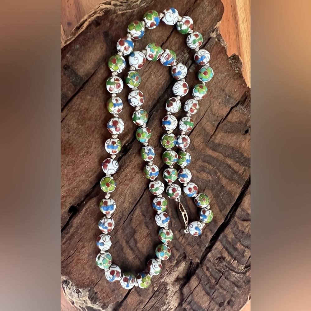 Chinese Floral Cloisonné Necklace on White Glass Green Blue Brown Gold 22”
